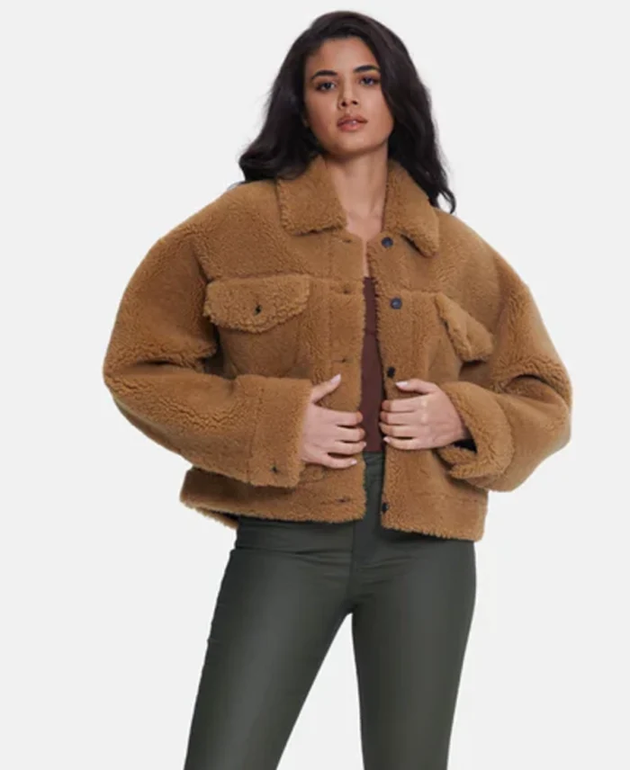 Furniq Uk Silky Brown Ginger Shearling Jacket Front - Trendy Leather Jackets