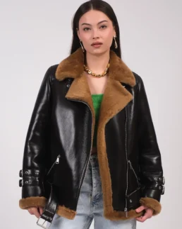 Furniq UK Women's Leather Shearling Jacket - Trendy Leather Jackets