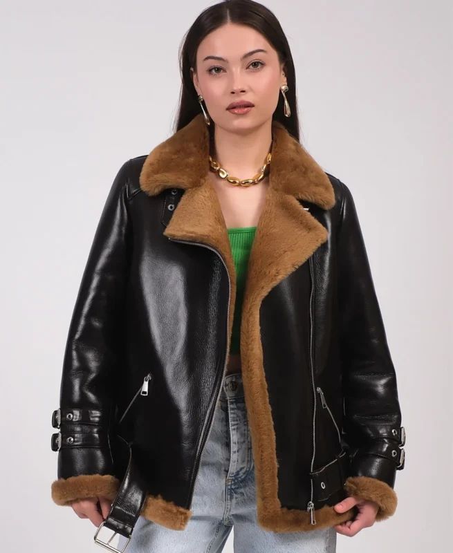 Furniq Uk Women'S Leather Shearling Jacket - Trendy Leather Jackets