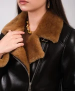 Furniq UK Women's Leather Shearling Jacket Front Close Up - Trendy Leather Jackets