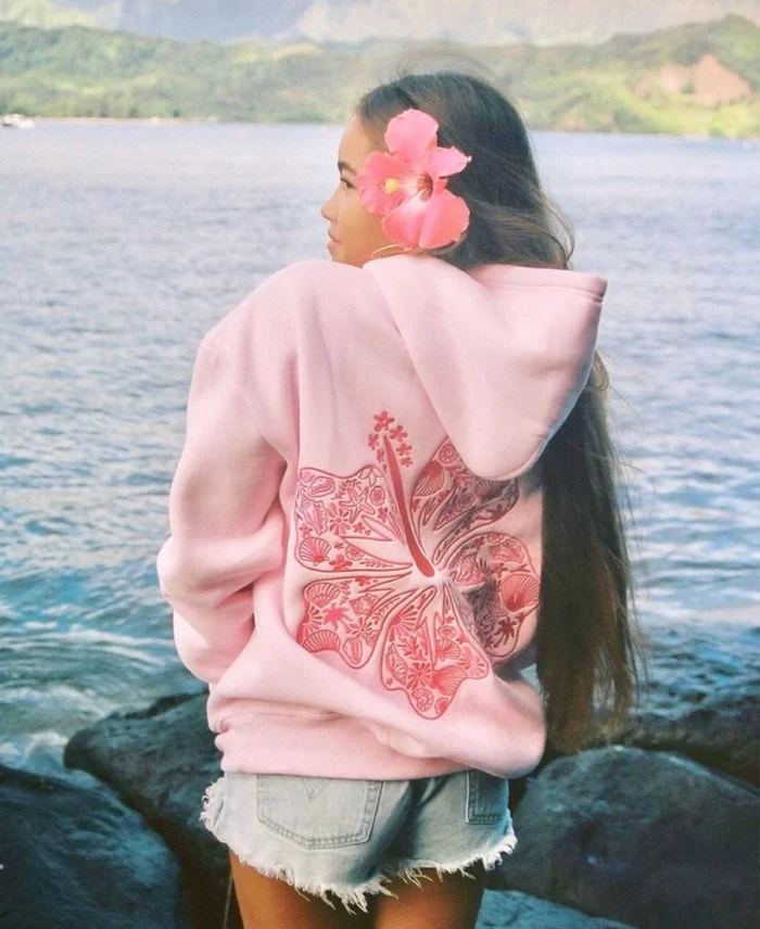 Hawaii Hibiscus Hoodie Blush Pink Back - Trendy Leather Jackets