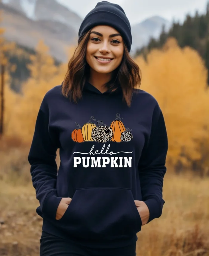 Hello Pumpkin Thanksgiving Hoodie Navy Blue - Trendy Leather Jackets