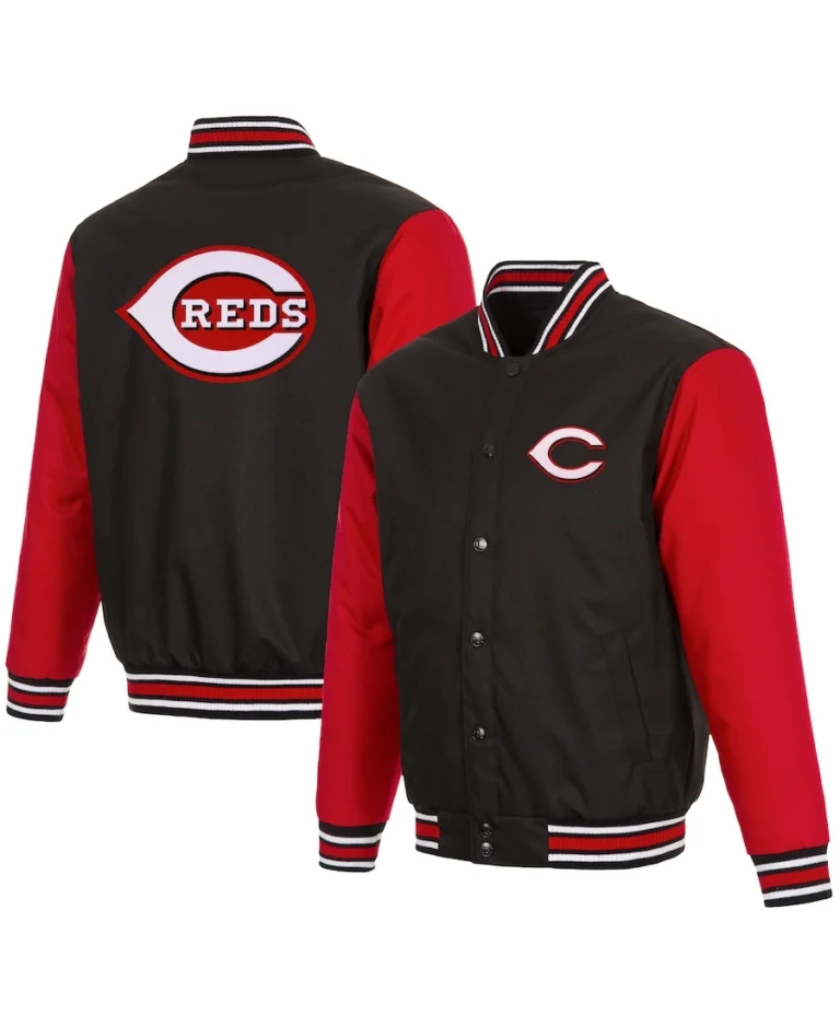 MLB Cincinnati Reds JH Design Black Red Poly Twill Jacket - Trendy Leather Jackets