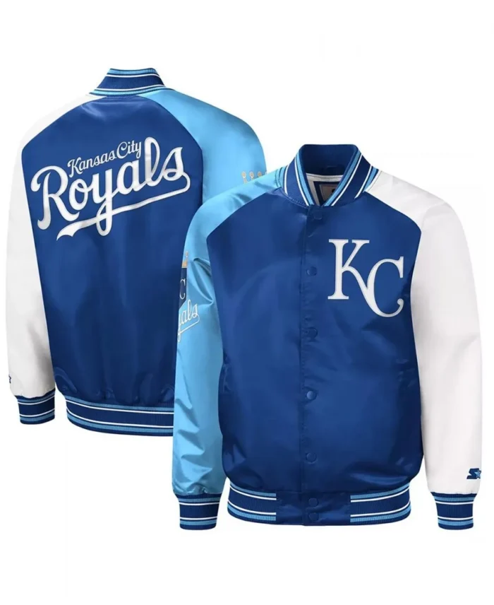 Mlb Kansas City Royals Reliever Royal And Light Blue Varsity Satin Jacket - Trendy Leather Jackets