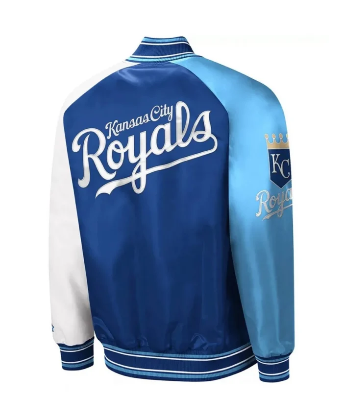 Mlb Kansas City Royals Reliever Royal And Light Blue Varsity Satin Jacket Back - Trendy Leather Jackets