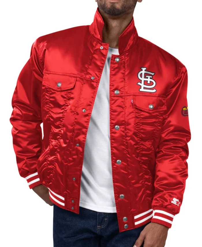 Mlb St. Louis Cardinals Starter X Levi'S Red Satin Trucker Jacket - Trendy Leather Jackets