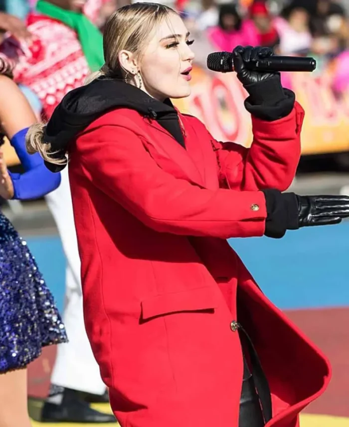 Meg Donnelly 100Th Thanksgiving Red Wool Coat Side View - Trendy Leather Jackets