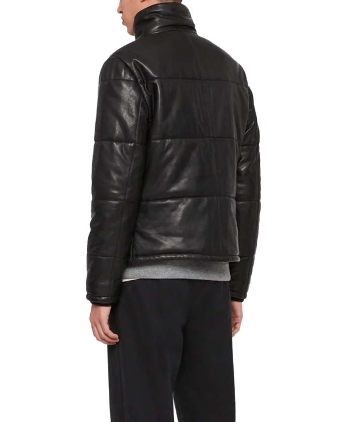 Men's Black Puffer Leather Jacket Back View