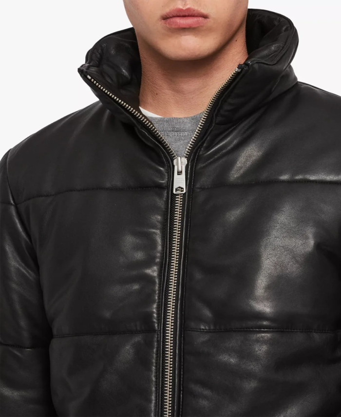 Men's Black Puffer Leather Jacket Closeup