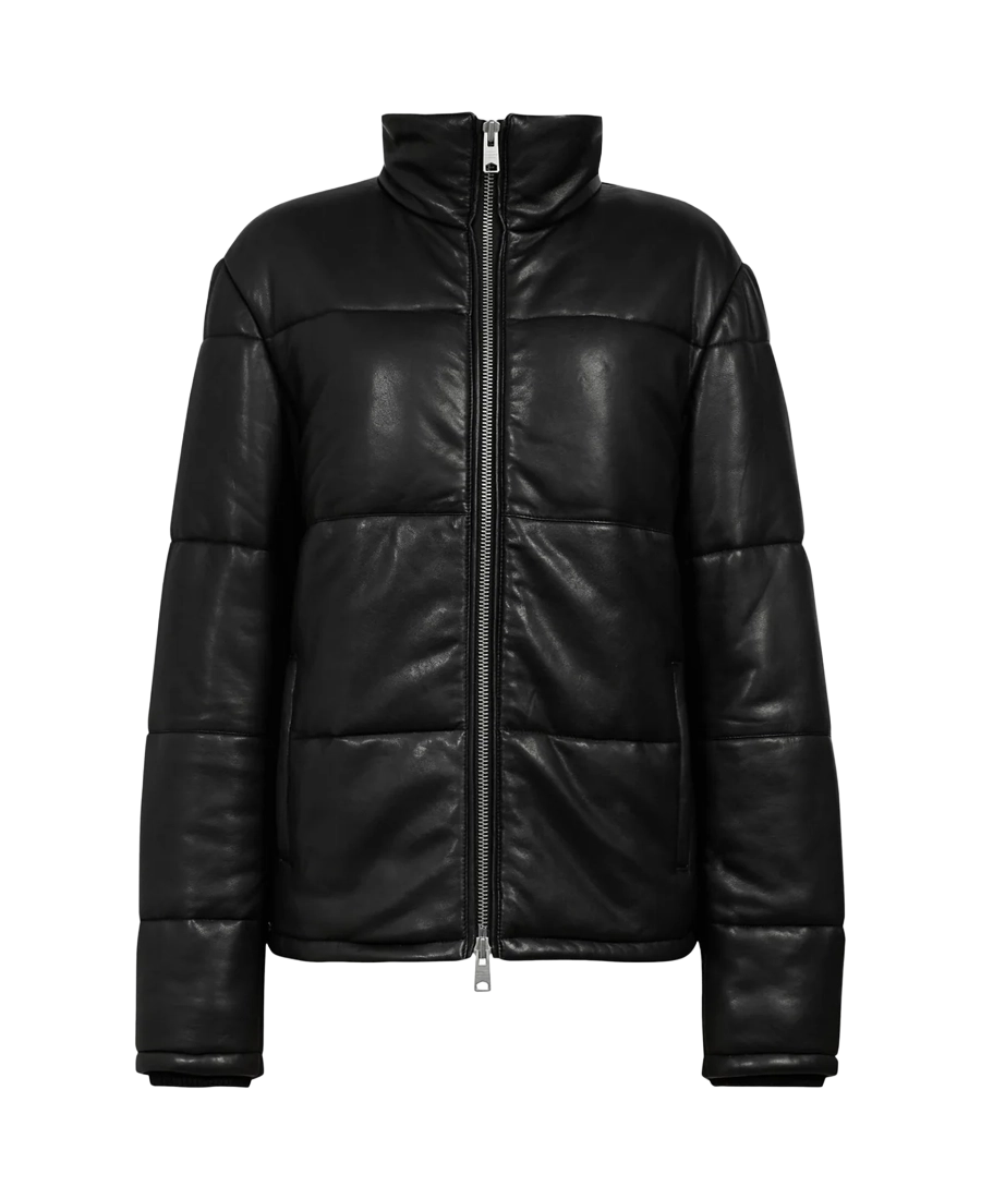Men'S Black Puffer Leather Jacket Fron Side Men'S Black Puffer Leather Jacket Fron Side