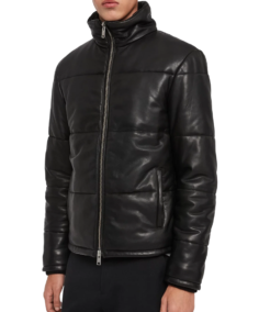 Men's Black Puffer Leather Jacket Front View
