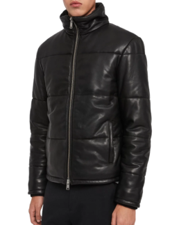 Men's Black Puffer Leather Jacket Front View