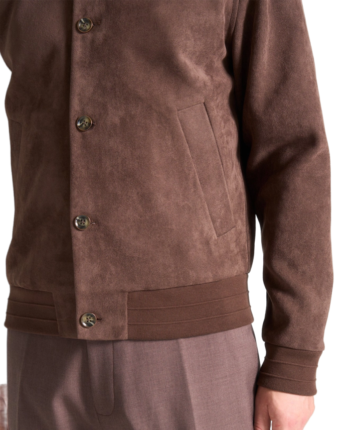 Men's Suede Bomber Brown Jacket Closeup