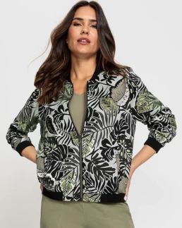 Olsen Satin Multi-Leaf Bomber Jacket - Trendy Leather Jackets