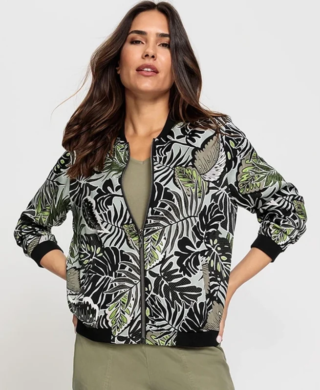 Olsen Satin Multi-Leaf Bomber Jacket - Trendy Leather Jackets