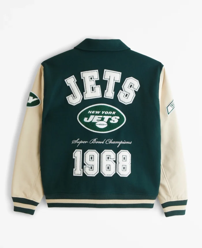 Shop Abercrombie New York Jets Varsity Bomber Jacket For Men And Women On Sale - Trendy Leather Jackets