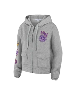 Shop Erin Andrews Heather Grey Minnesota Vikings Hoodie Jacket For Men And Women On Sale - Trendy Leather Jackets