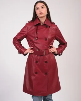 Shop Furniq UK Leather Burgundy Trench Coat For Men And Women On Sale - Trendy Leather Jackets