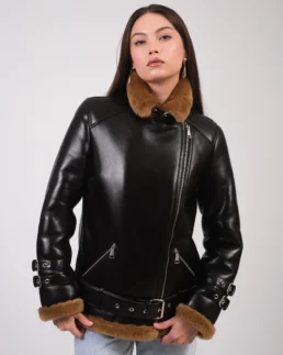 Shop Furniq UK Women's Leather Shearling Jacket For Women On Sale - Trendy Leather Jackets