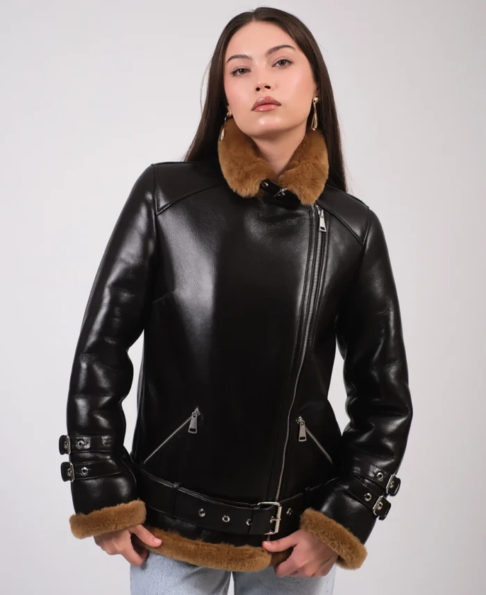 Shop Furniq Uk Women'S Leather Shearling Jacket For Women On Sale - Trendy Leather Jackets