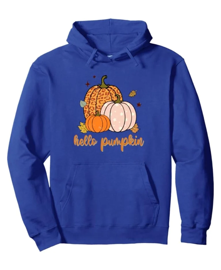 Shop Hello Pumpkin Leopard Thanksgiving Graphic Hoodie For Women On Sale Blue - Trendy Leather Jackets