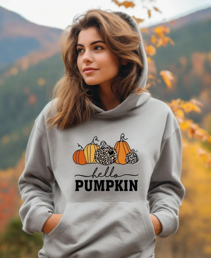 Shop Hello Pumpkin Thanksgiving Hoodie For Women On Sale Grey - Trendy Leather Jackets