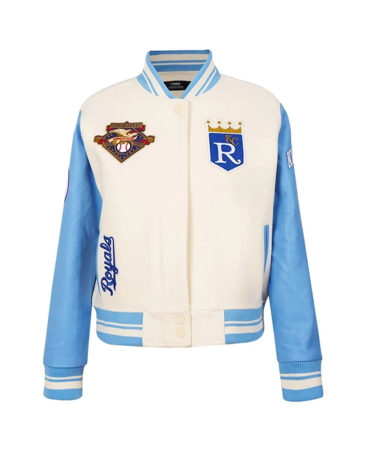 Shop MLB Kansas City Royals Cream Retro Classic Varsity Jacket For Women On Sale - Trendy Leather Jackets