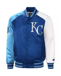 Shop MLB Kansas City Royals Reliever Royal and Light Blue Varsity Satin Jacket For Men And Women On Sale - Trendy Leather Jackets