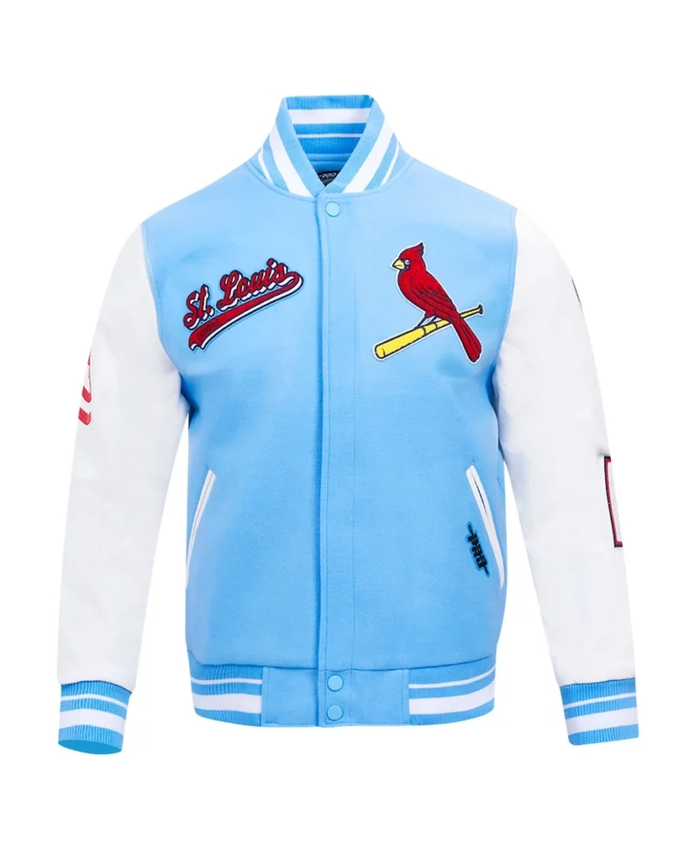 Shop MLB St. Louis Cardinals Script Tail Light Blue Wool Varity Jacket For Men And Women On Sale - Trendy Leather Jackets