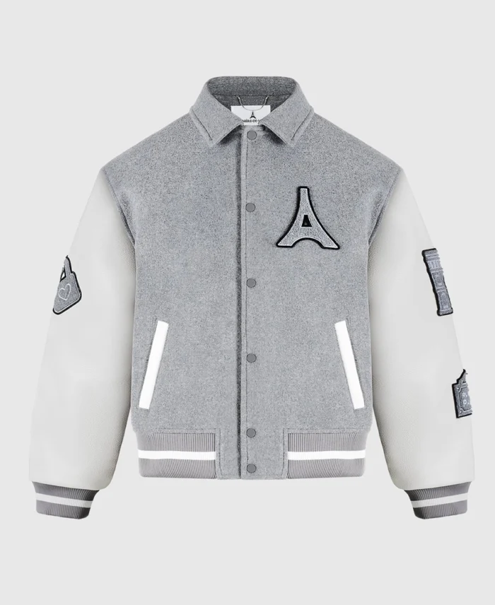 Shop Mona Lisa Wool Blend Varsity Jacket For Men And Women On Sale Grey - Trendy Leather Jackets