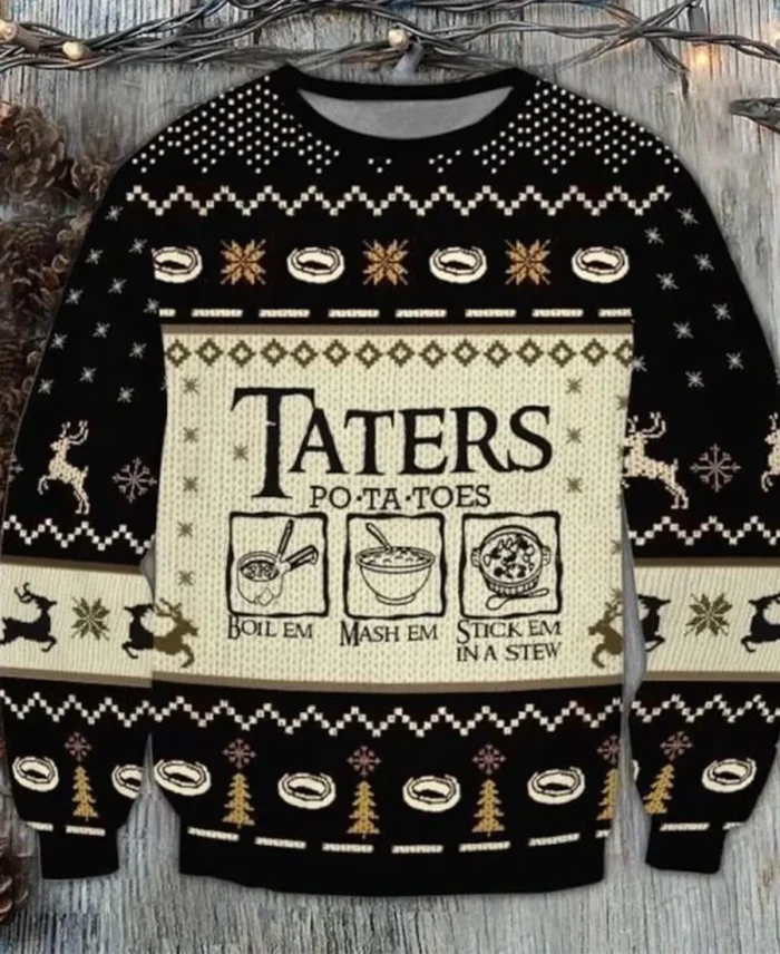 Shop Taters Potatoes Ugly Christmas Sweater For Men And Women On Sale Black - Trendy Leather Jackets