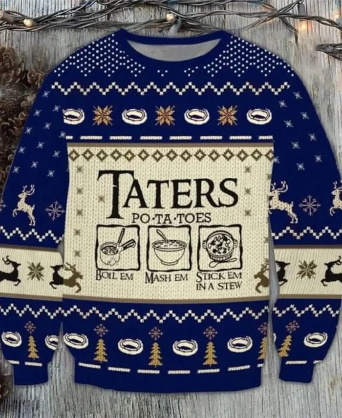 Taters Potatoes Ugly Christmas Sweater Blue - Trendy Leather Jackets