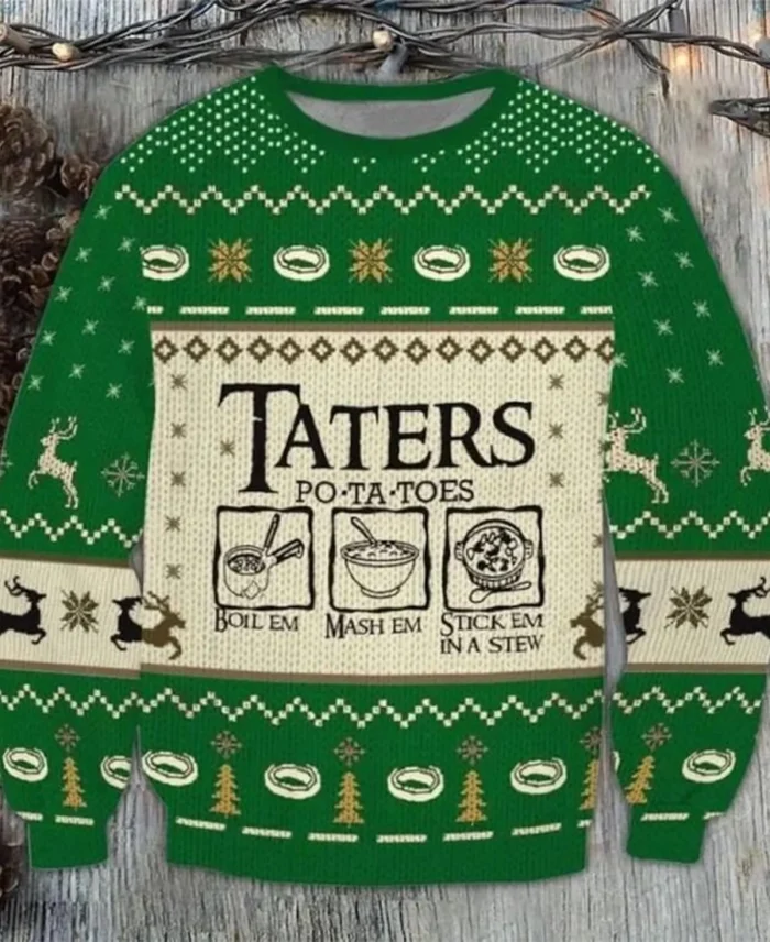 Taters Potatoes Ugly Christmas Sweater Green - Trendy Leather Jackets