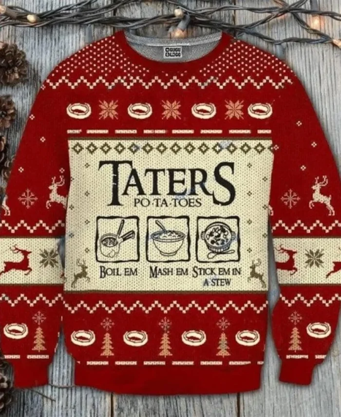 Taters Potatoes Ugly Christmas Sweater Red - Trendy Leather Jackets