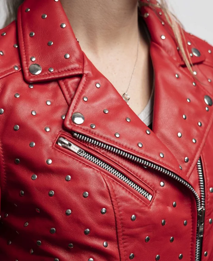 Whet Blu Claudia Studded Leather Jacket Red Close Up - Trendy Leather Jackets