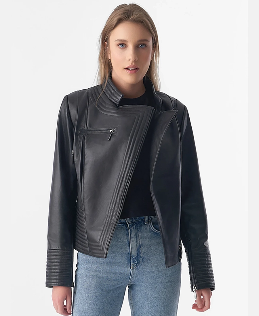 Women Black Riser Biker Leather Jacket
