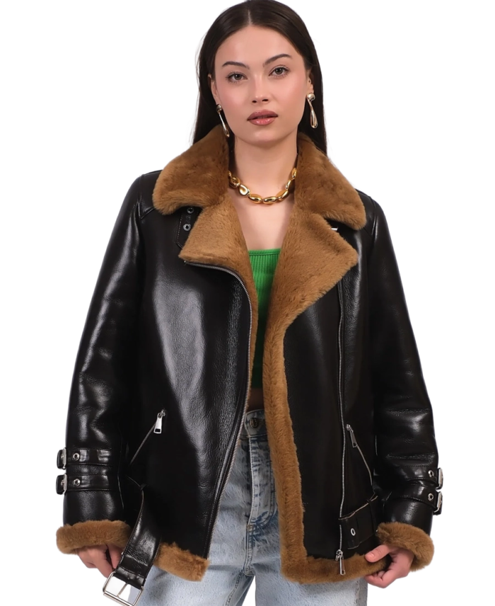 Women's Black And Brown Leather Shearling Jacket