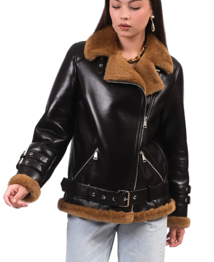 Women's Black And Brown Leather Shearling Jacket Front