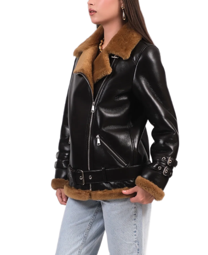 Women's Black And Brown Leather Shearling Jacket Side