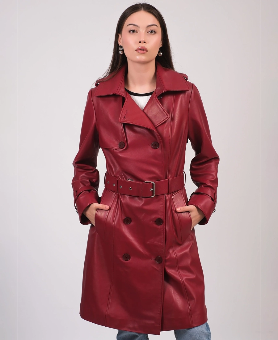 Women’s Leather Burgundy Trench Coat