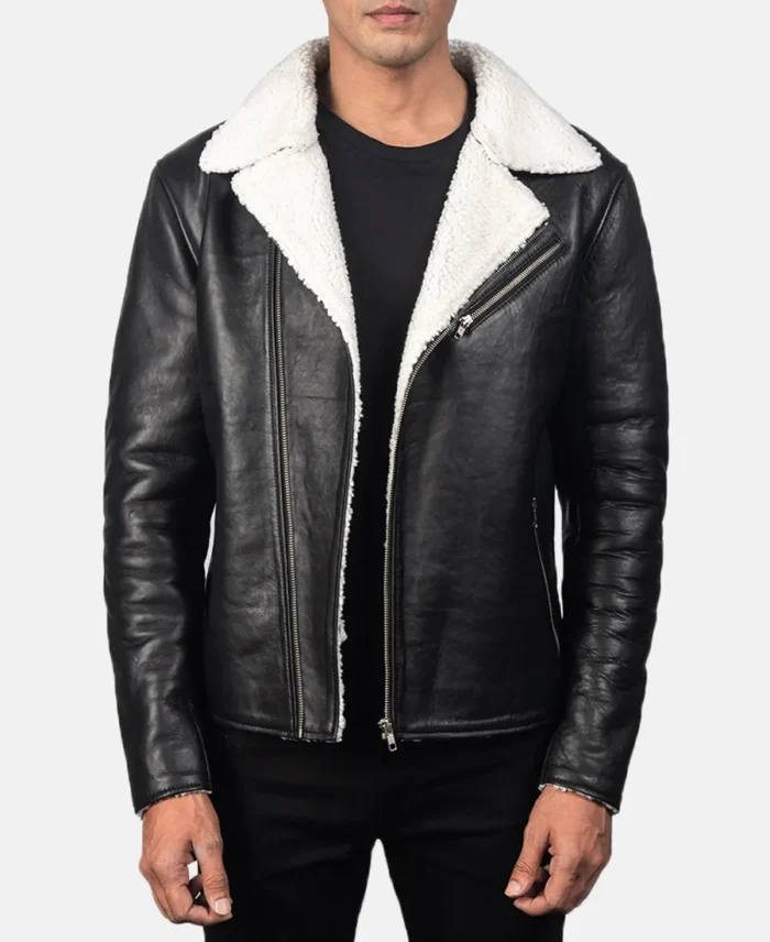 Alberto White Shearling Black Leather Jacket Front View 2