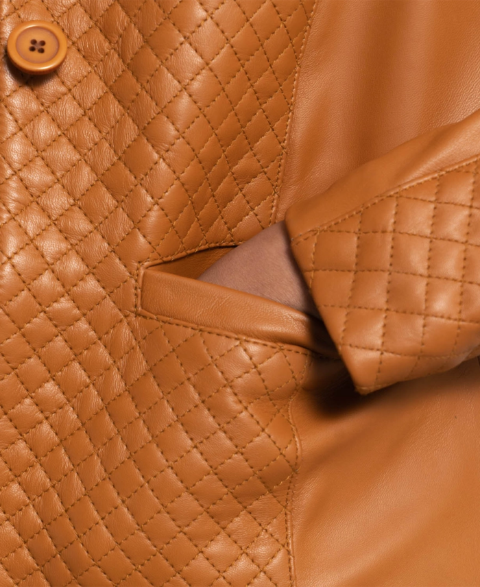 Cora Quilted Brown Leather Blazer Closeup view