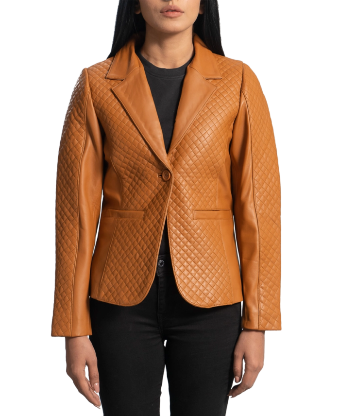 Cora Quilted Brown Leather Blazer Front