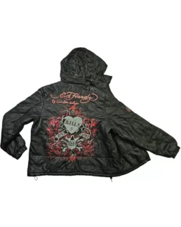 ED Hardy Love Kills Slowly Hood Leather Jacket Back - Trendy Leather Jackets