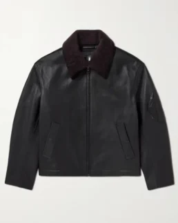 Loewe Appliqued Shearling Trimmed Black Leather Jacket - Trendy Leather Jackets