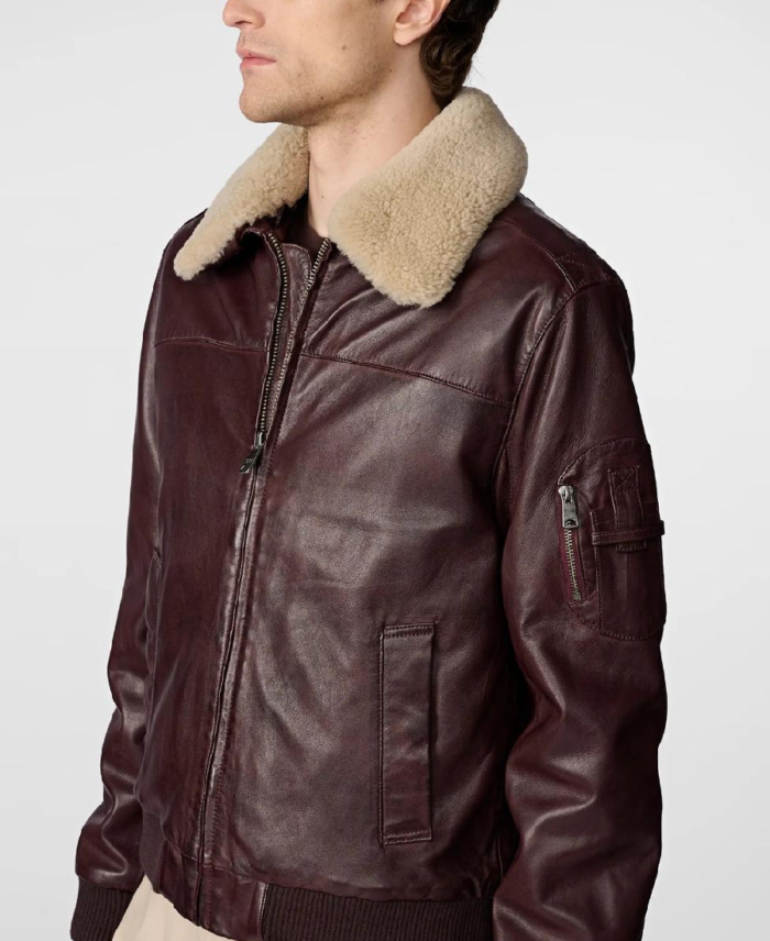 Men's A2 Aviator Dark Brown Bomber Leather Jacket Closeup