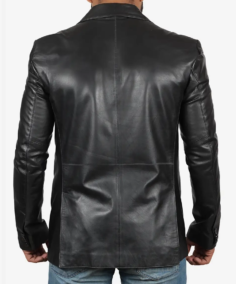 Men's Black Leather Blazer Jacket Back View