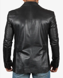 Men's Black Leather Blazer Jacket Back View