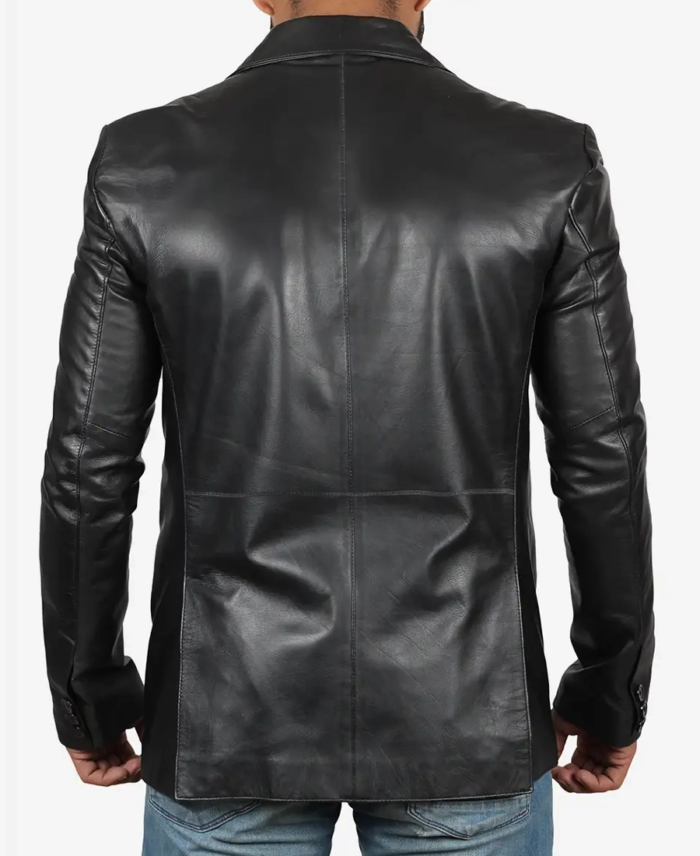 Men's Black Leather Blazer Jacket Back View