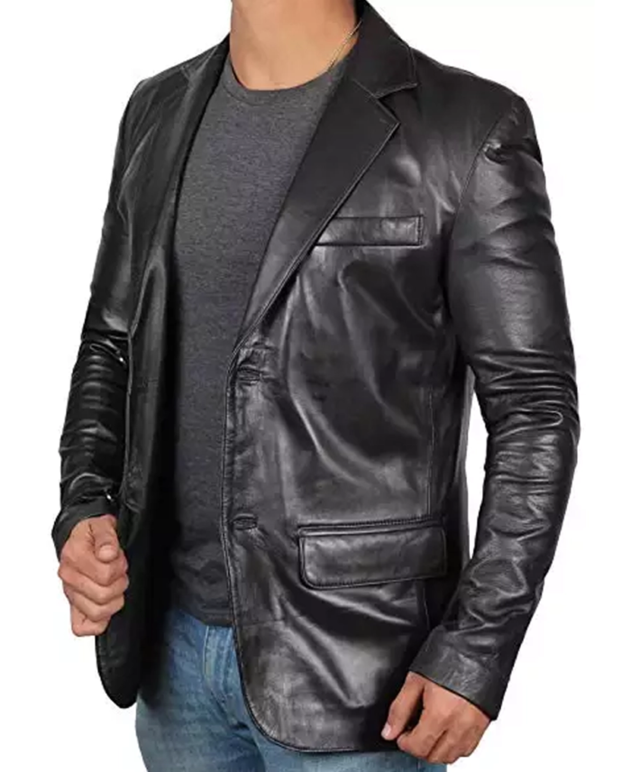 Men's Black Leather Blazer Jacket Side View